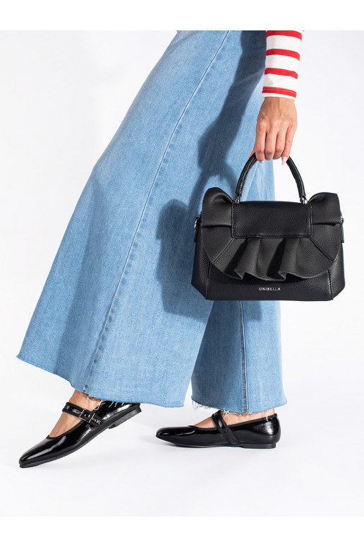 juoda elegantiška rankinė z ozdobną falbanką