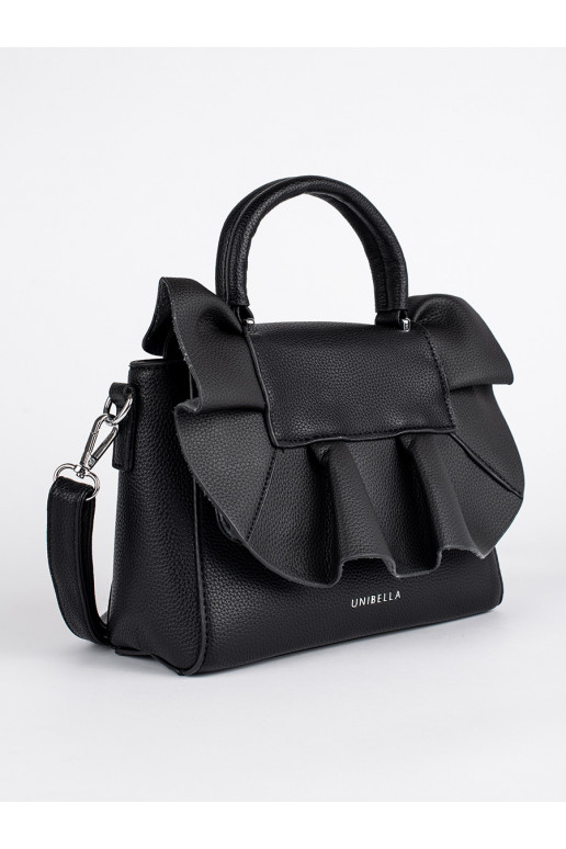 juoda elegantiška rankinė z ozdobną falbanką