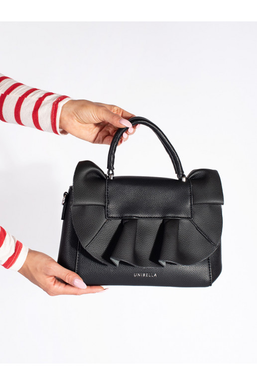 juoda elegantiška rankinė z ozdobną falbanką