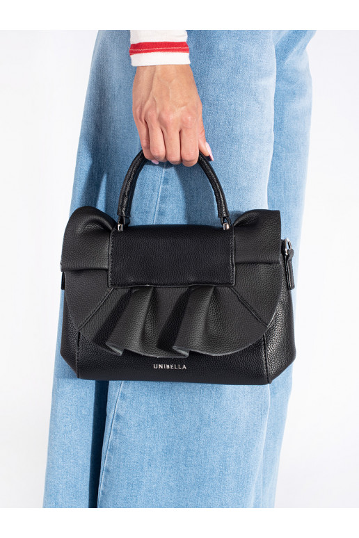 juoda elegantiška rankinė z ozdobną falbanką