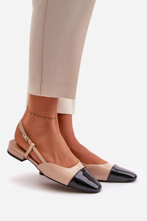 Lakuotos balerinos žemu kulniuku su atviru kulnu smėlio spalvos Kairael