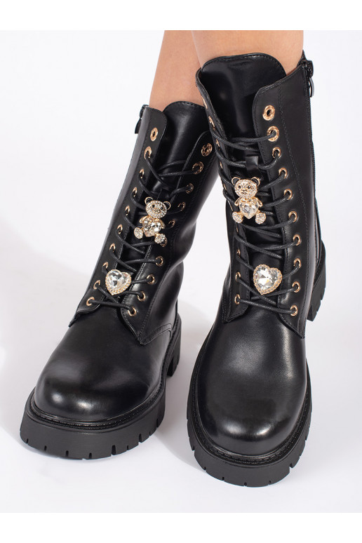 Juodos spalvos su raištukais batai auliniai batai su platforma z przypinkami
