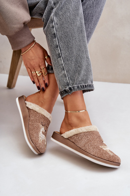 Šlepetės  su elniukais ir kailiuku Inblu CT000034 smėlio spalvos