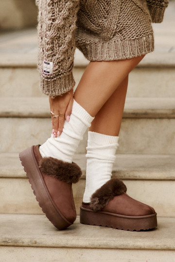 Šlepetės  su platforma su kailiuku rudos spalvos Linaris