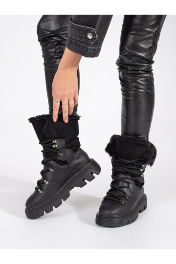 Juodos spalvos su raištukais Moteriški sniego batai su kailiuku su platforma 2