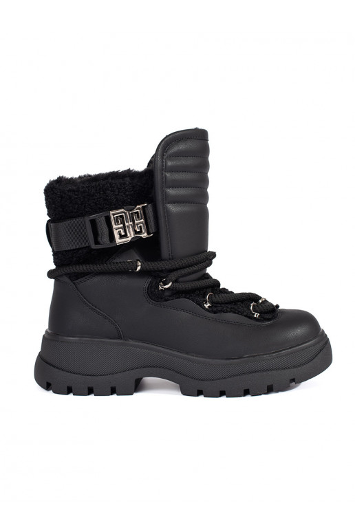 Juodos spalvos Moteriški sniego batai su kailiuku su masyviu kulnu Juodos spalvos Moteriški sniego batai su kailiuku su masyviu kulnu