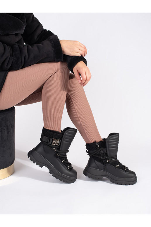 Juodos spalvos Moteriški sniego batai su kailiuku su masyviu kulnu Juodos spalvos Moteriški sniego batai su kailiuku su masyviu kulnu