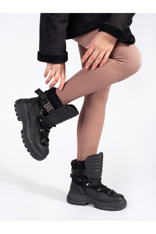 Juodos spalvos Moteriški sniego batai su kailiuku su masyviu kulnu Juodos spalvos Moteriški sniego batai su kailiuku su masyviu kulnu