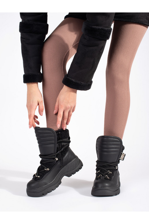 Juodos spalvos Moteriški sniego batai su kailiuku su masyviu kulnu Juodos spalvos Moteriški sniego batai su kailiuku su masyviu kulnu