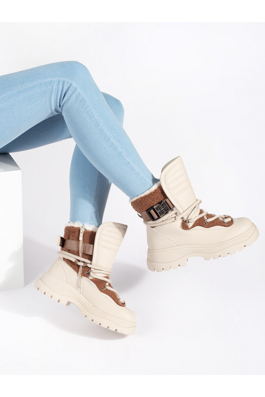 smėlio spalvos Moteriški sniego batai su kailiuku su masyviu kulnu smėlio spalvos Moteriški sniego batai su kailiuku su masyviu kulnu