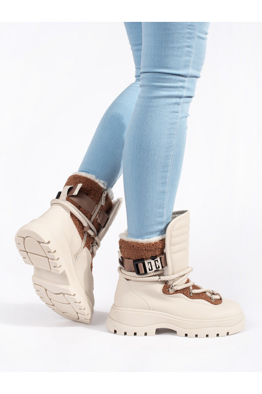 smėlio spalvos Moteriški sniego batai su kailiuku su masyviu kulnu smėlio spalvos Moteriški sniego batai su kailiuku su masyviu kulnu