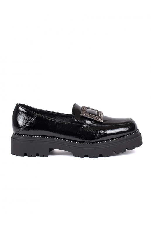 Mokasinai juodos spalvos  su platforma ozdobione klamrą i cyrkoniami