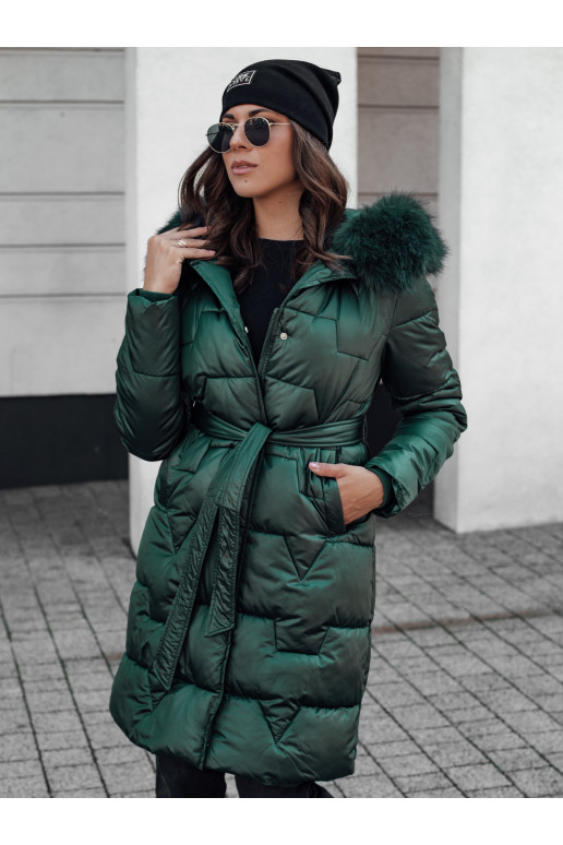 STYLOWQ moteriška ilga dygsniuota žieminė striukė su kailiu, tamsiai žalia