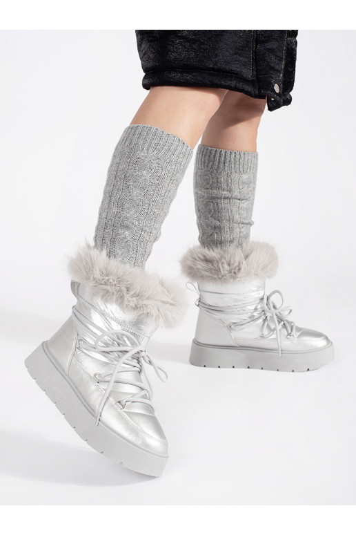 sidabro spalvos Moteriški sniego batai su kailiuku su masyviu kulnu sidabro spalvos Moteriški sniego batai su kailiuku su masyviu kulnu