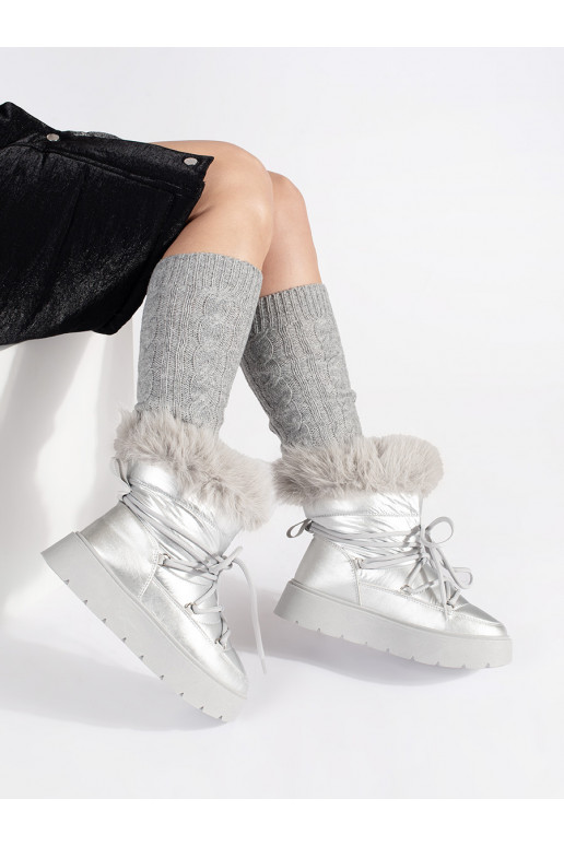 sidabro spalvos Moteriški sniego batai su kailiuku su masyviu kulnu sidabro spalvos Moteriški sniego batai su kailiuku su masyviu kulnu