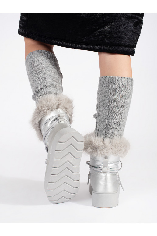 sidabro spalvos Moteriški sniego batai su kailiuku su masyviu kulnu sidabro spalvos Moteriški sniego batai su kailiuku su masyviu kulnu