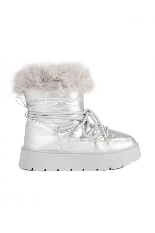 sidabro spalvos Moteriški sniego batai su kailiuku su masyviu kulnu sidabro spalvos Moteriški sniego batai su kailiuku su masyviu kulnu