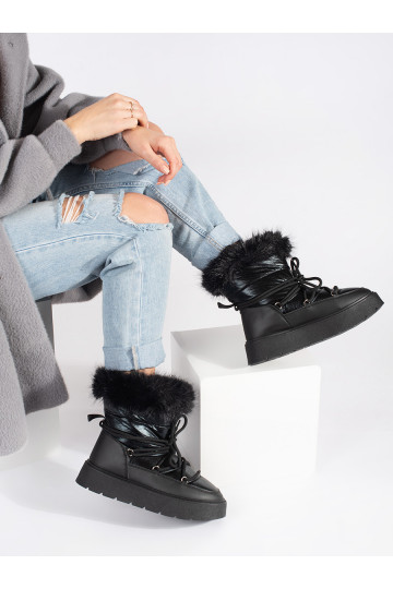 Juodos spalvos Moteriški sniego batai su kailiuku su masyviu kulnu 2