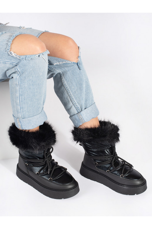 Juodos spalvos Moteriški sniego batai su kailiuku su masyviu kulnu