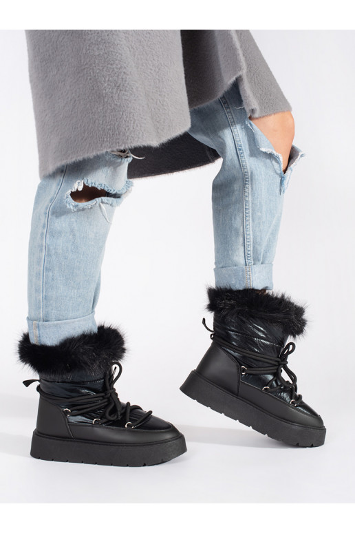 Juodos spalvos Moteriški sniego batai su kailiuku su masyviu kulnu