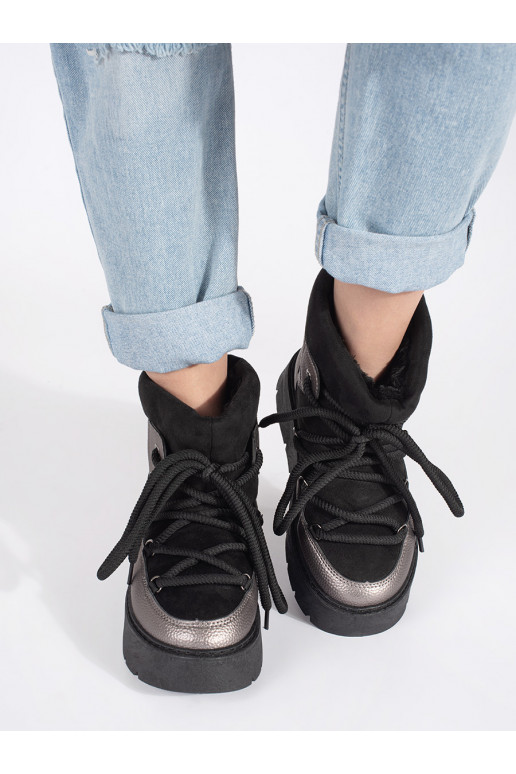 Juodos ir- su raištukais Moteriški sniego batai su masyviu kulnu Juodos ir- su raištukais Moteriški sniego batai su masyviu kulnu