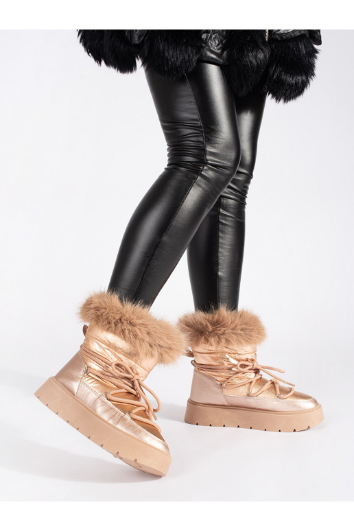 aukso spalvos Moteriški sniego batai su kailiuku su masyviu kulnu