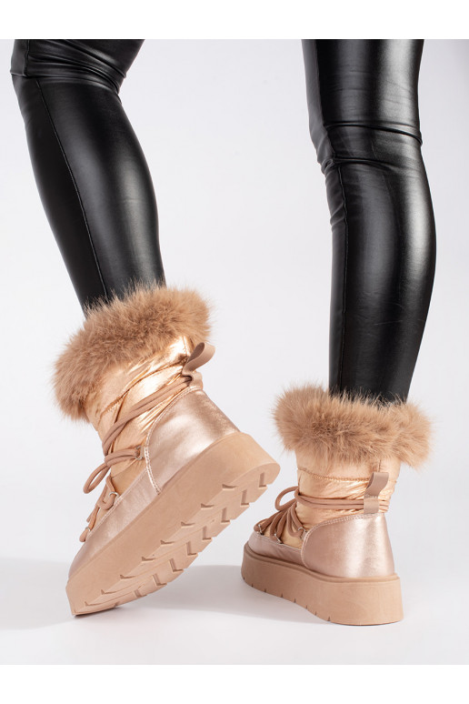 aukso spalvos Moteriški sniego batai su kailiuku su masyviu kulnu