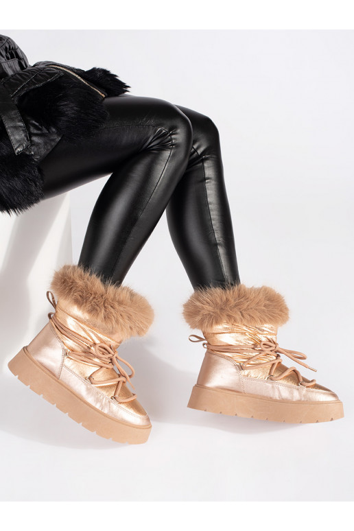 aukso spalvos Moteriški sniego batai su kailiuku su masyviu kulnu