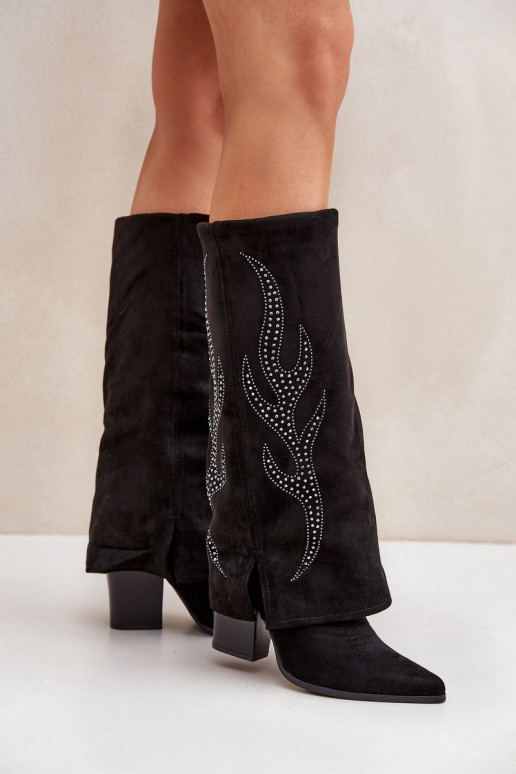 Dekoruotos ilgaauliai batai Z Wywiniętą Cholewką su kulniukais Juodos spalvos Ivilta