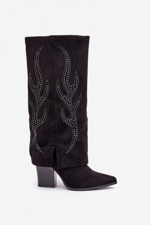 Dekoruotos ilgaauliai batai Z Wywiniętą Cholewką su kulniukais Juodos spalvos Ivilta