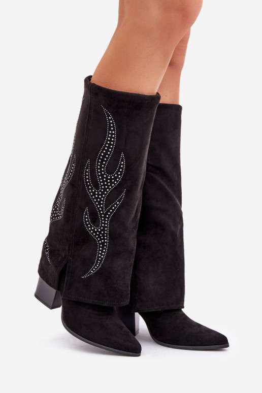 Dekoruotos ilgaauliai batai Z Wywiniętą Cholewką su kulniukais Juodos spalvos Ivilta