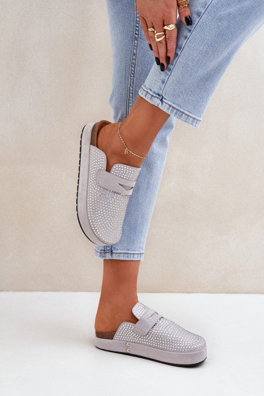 Moteriškos šlepetės Dekoruotos Cyrkoniami su platforma pilkos spalvos Deorani