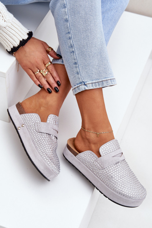 Moteriškos šlepetės Dekoruotos Cyrkoniami su platforma pilkos spalvos Deorani