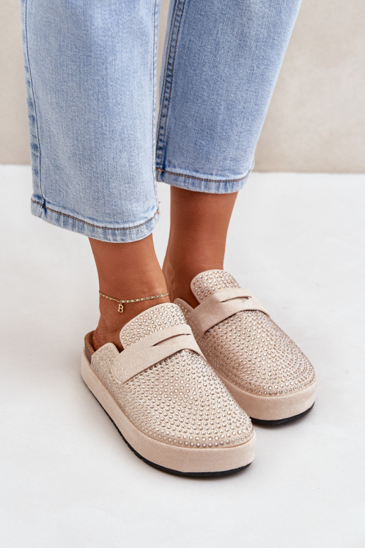 Moteriškos šlepetės Dekoruotos Cyrkoniami su platforma smėlio spalvos Deorani