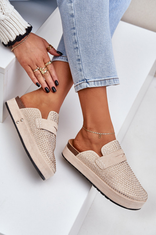 Moteriškos šlepetės Dekoruotos Cyrkoniami su platforma smėlio spalvos Deorani