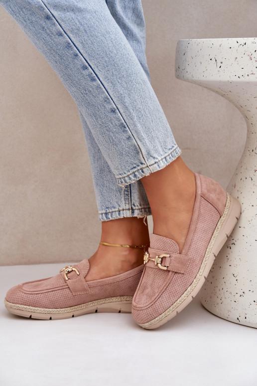 su aužūro elementais Mokasinai Ze aukso spalvosm Detalem I Jutową Plecionką rožinės spalvos Lainer