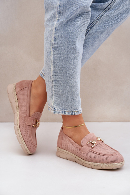 su aužūro elementais Mokasinai Ze aukso spalvosm Detalem I Jutową Plecionką rožinės spalvos Lainer