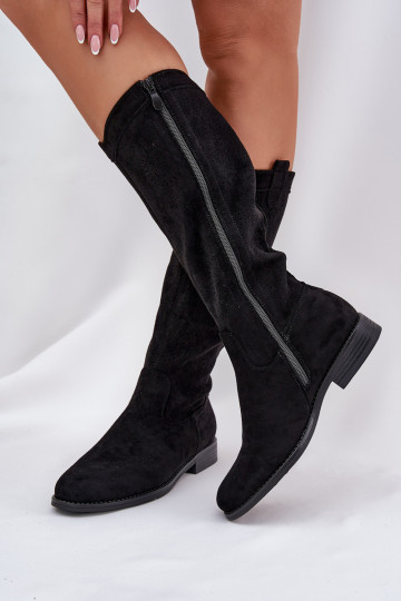 ilgaauliai batai Z Ażurową Cholewką su plačiais kulniukais S.Barski HY51-860 Juodos spalvos