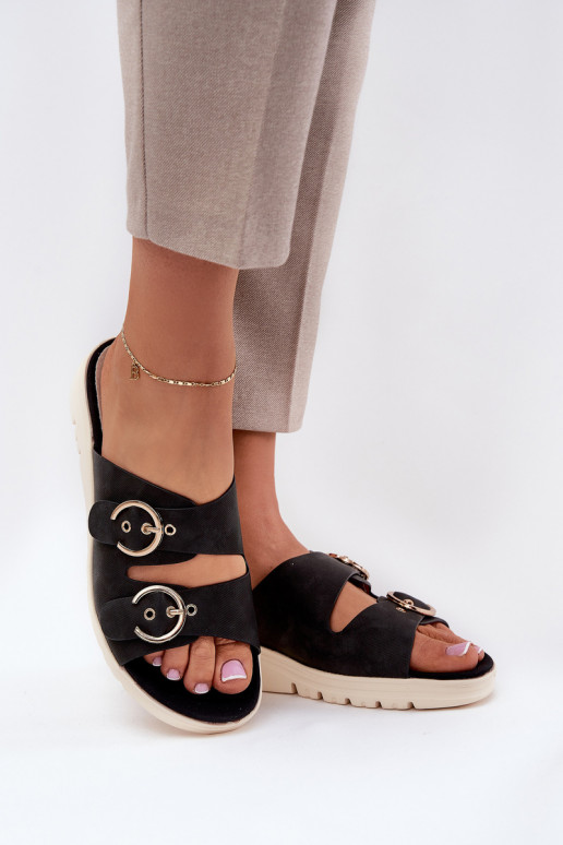  Moteriškos šlepetės  su sagtimis Juodos spalvos Hellexia