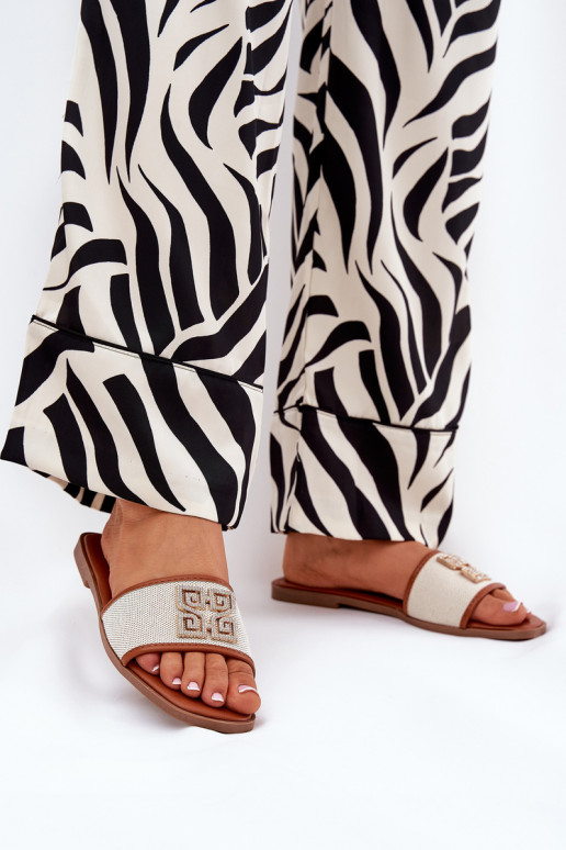 Elegantiško stiliaus Moteriškos šlepetės su ornamentais su plačiais kulniukais rudos spalvos Lovehia