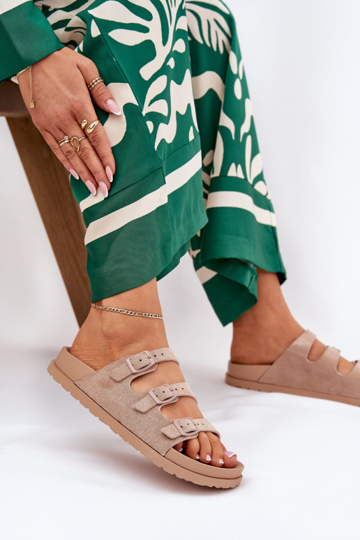 Moteriškos šlepetės su juostelėmis I su sagtimismi smėlio spalvos Uliri