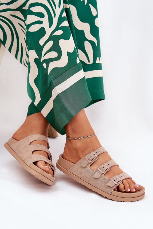 Moteriškos šlepetės su juostelėmis I su sagtimismi smėlio spalvos Uliri