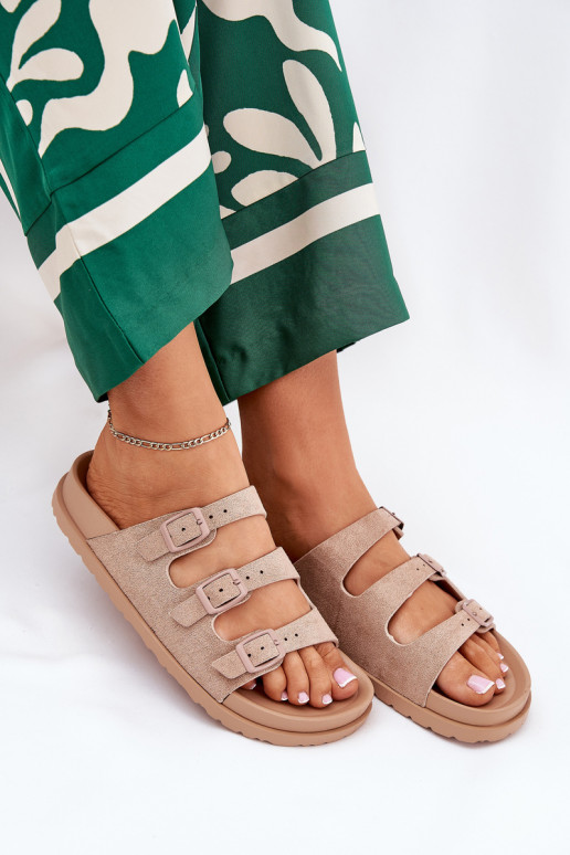 Moteriškos šlepetės su juostelėmis I su sagtimismi smėlio spalvos Uliri