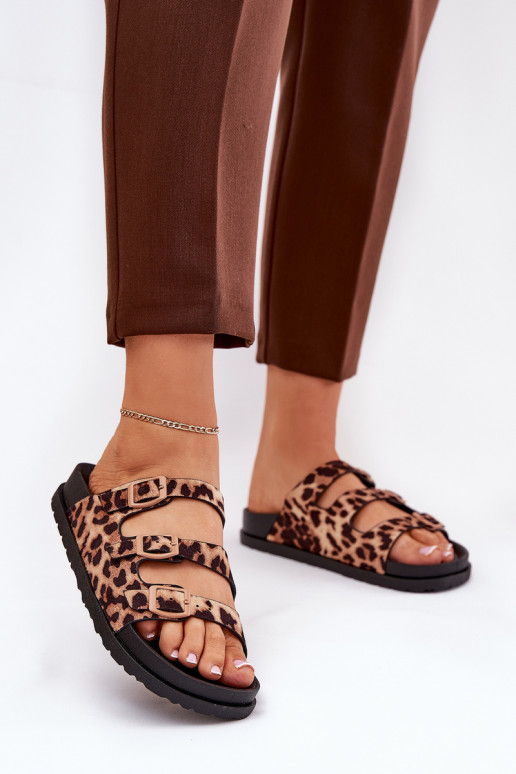 Moteriškos šlepetės su juostelėmis ir leopardo kailio raštais su sagtimis