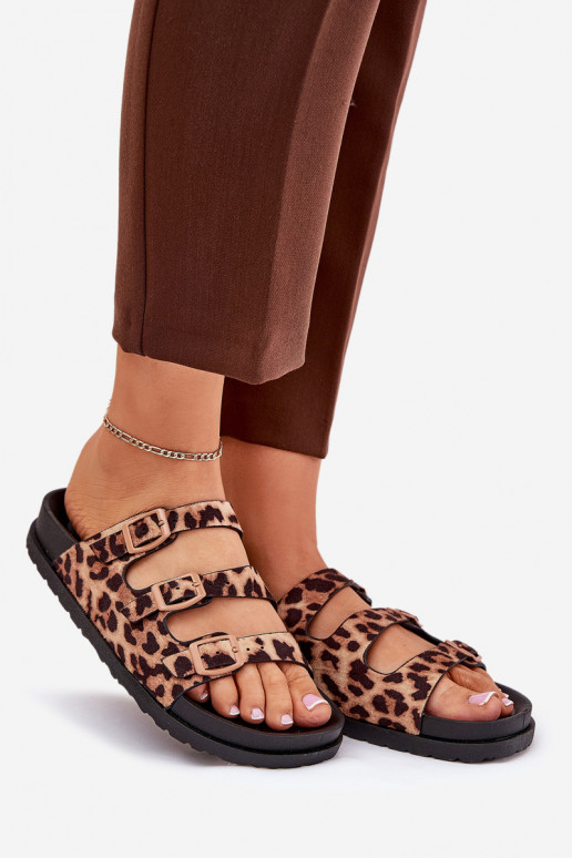 Moteriškos šlepetės su juostelėmis I su sagtimismi su leopardo kailio raštais rudos spalvos Uliri