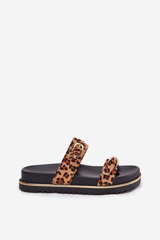 Moteriškos šlepetės su leopardo kailio raštais su platforma su juostelėmis I su sagtimismi rudos spalvos Ziferte