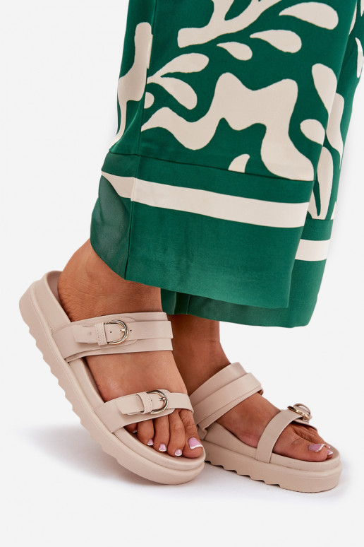 Moteriškos šlepetės su platforma Ze aukso spalvosmi su sagtimismi smėlio spalvos Wernone