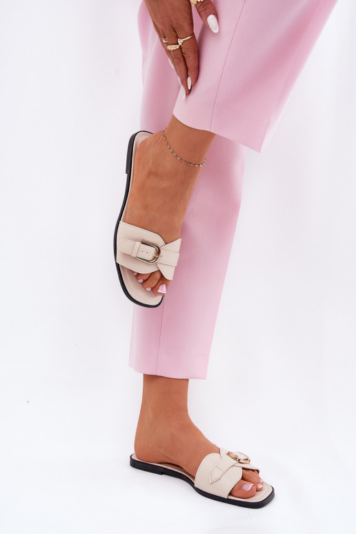 lygiapadžiai Moteriškos šlepetės su aukso spalvos sagtimis smėlio spalvos Esiobb