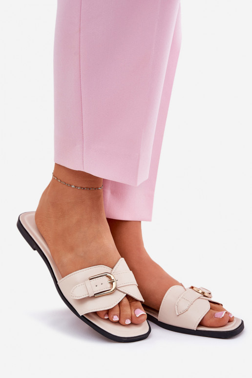 lygiapadžiai Moteriškos šlepetės su aukso spalvos sagtimis smėlio spalvos Esiobb