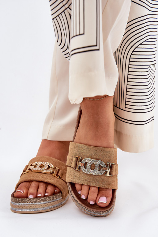 Moteriškos šlepetės Ze aukso spalvosm Detalem su platforma su blizgesiu rudos spalvos Eanes